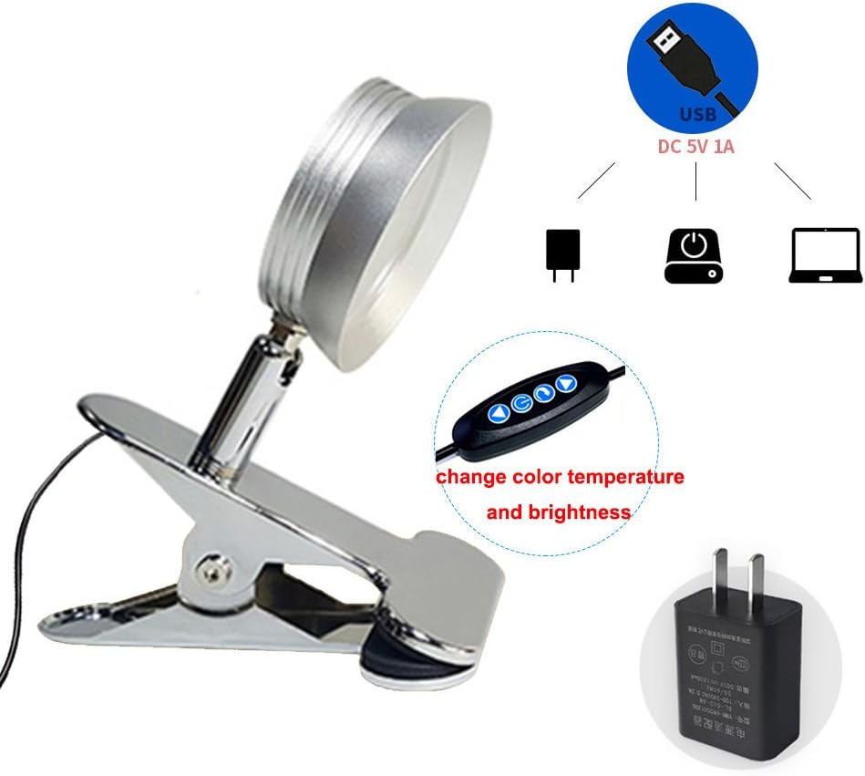 5W LED Reading Clamp Clip Desk Light ON/OFF Button Plug-in Lamp Fixture Silver Finish Brightness Color-Tem Changeable