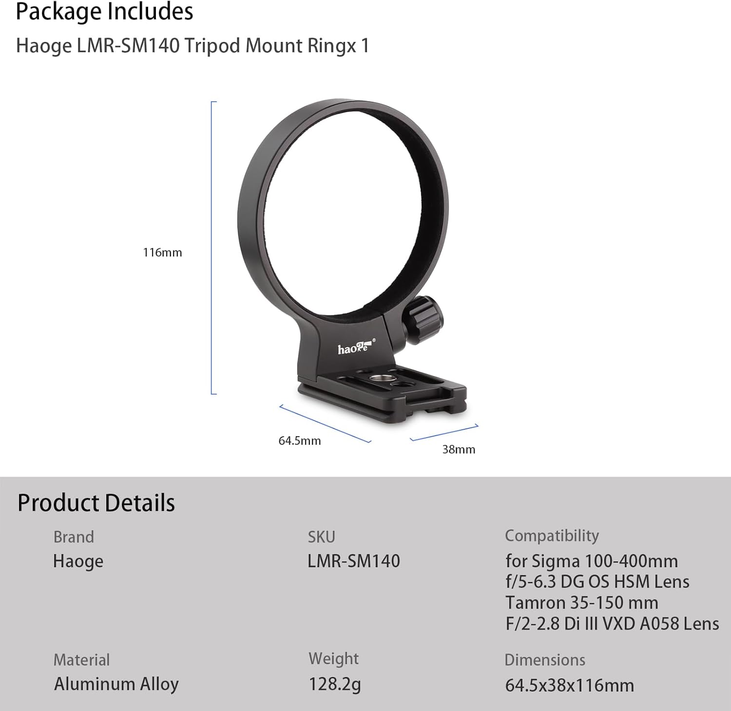 Haoge LMR-SM140 Lens Collar Replacement Foot Tripod Mount Ring Socket Stand Base for Sigma 100-400mm f/5-6.3 DG OS HSM Lens (Canon EF-Mount or Nikon F-Mount) Built-in Arca Type Quick Release Plate