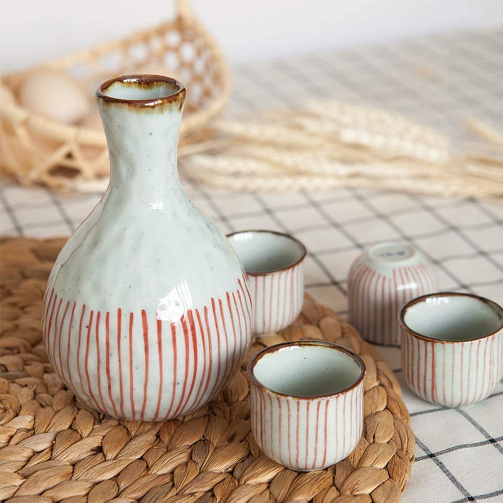 Tasse à saké traditionnelle, verres à vin en céramique, ensemble de 5 pièces à saké japonais, 1 bouteille de saké de 14 oz et 4 tasses à saké de 1,7 oz, motif à rayures verticales rouges, bouteille d'