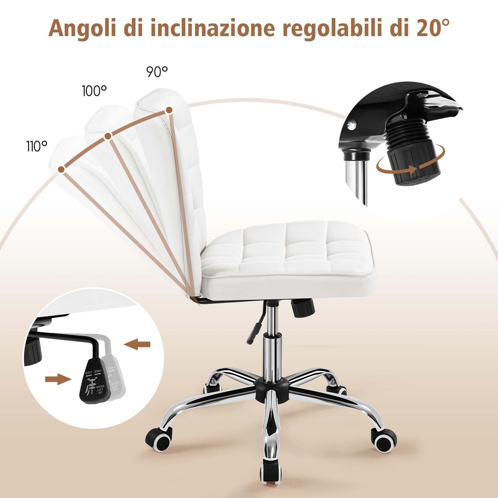 Yaheetech Sedia Ufficio Srivania Senza Braccioli Ergonomica in Ecopelle Bianca Imbottita a Rotelle Girevole Altezza Regolabile Fonzione Dondolo Portata 136 KG