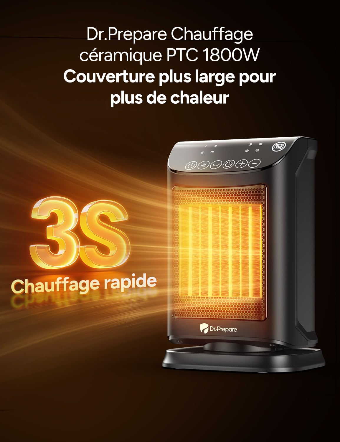 DR.PREPARE Chauffage d'appoint, 1800W PTC Chauffage Soufflant Économique avec Thermostat, Mode Éco, 3 Modes Chauffants, Minuterie 12H, Protection de Sécurité, Silencieux Chauffage Portable Electrique