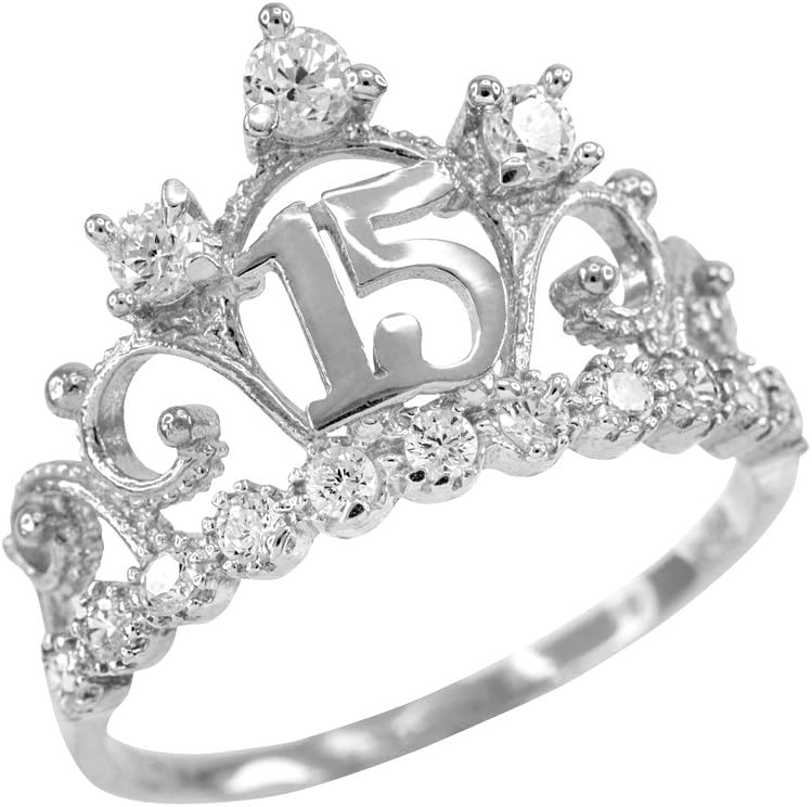 10K White Gold White Cubic Zirconia Studded Tiara Crown Sweet 15 Años Milgrain Quinceanera Statement Ring