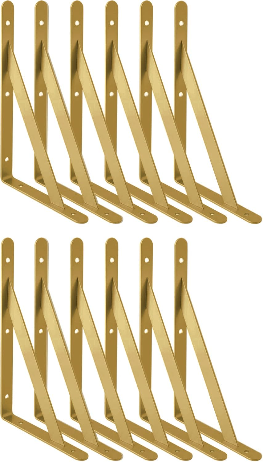 Lot de 12 supports d'étagère triangulaires dorés à angle droit pour étagère murale 25,4 cm