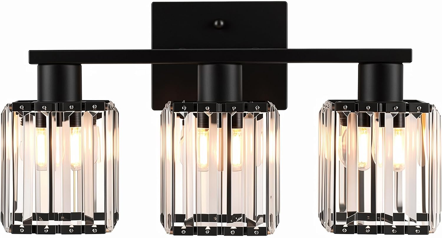 Crystal Bathroom Light Fixtures, 3-Light Matte Black, Vanity Lights for Bathroom Over Mirror, Modern Bath Wall Sconce for Mirror Bedroom Living Room