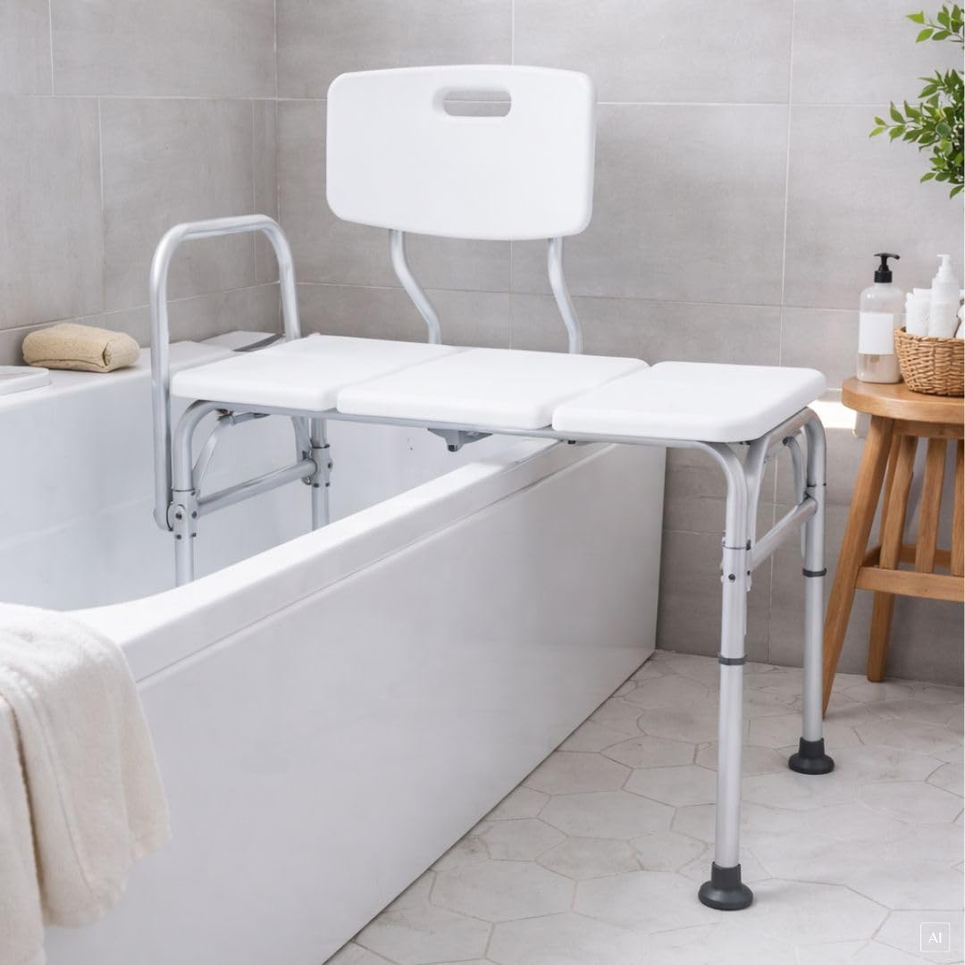 abc HOME Badewannen-Transferbank – Einstiegshilfe für die Badewanne – Höhenverstellbarer Duschstuhl mit Rückenlehne – Rutschfester Badewannensitz bis 110 kg