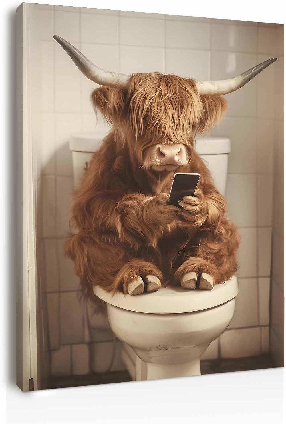 Galmcook Framed Canvas Wall Art 16 x 20 inch Highland Cow Bathroom Wall Art Funny Toilet Wall Decoration Animal Canvas Bathroom Pictures and Prints with Hooks and Magic Tape