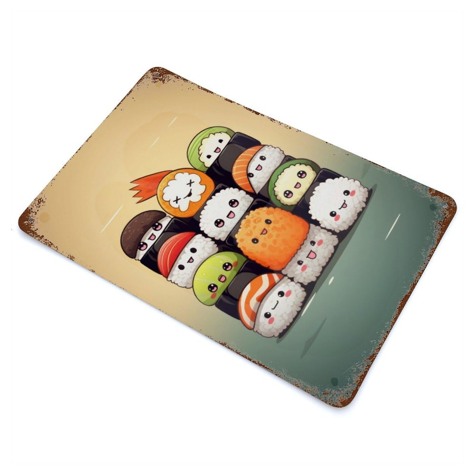 Rust Effect Kawaii Japan Sushi Rolls Weathered Tin Sign 11.8"x7.9", Classic Wall Plaque for Living Room, Hallway And Home Decor
