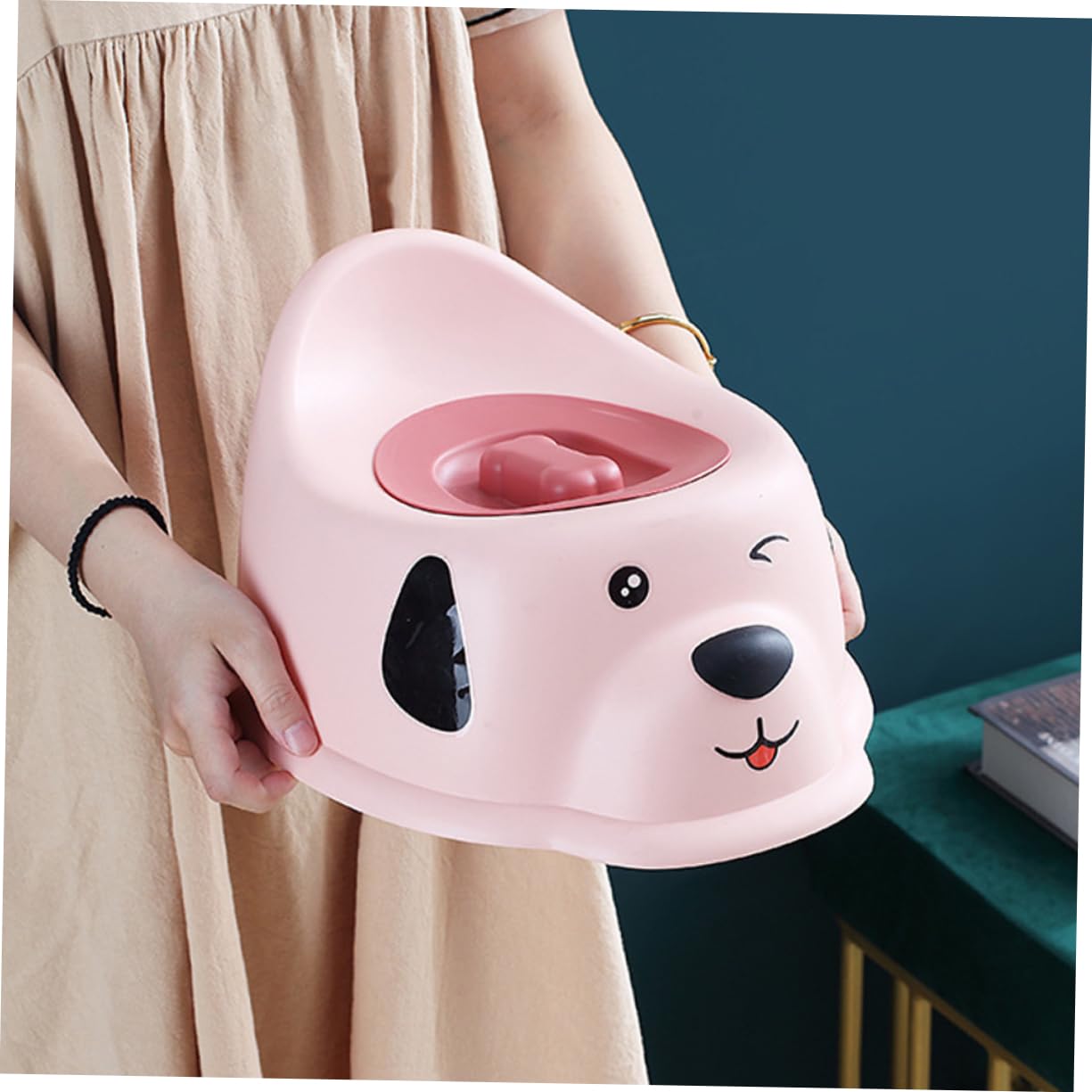 Vasino Bambini Portatile con Coperchio, Pp, Design Cucciolo | Base Antiscivolo, Paraspruzzi Integrato, Facile da Pulire, per Bagno di Casa e Uso Quotidiano