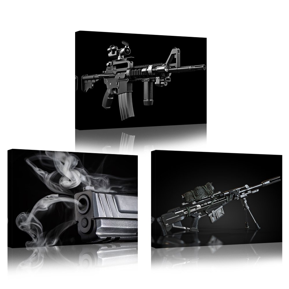 Kreative Arts Painting Sniper and Rifle Gun Black and White Military Pictures Canvas Wall Art, 12" x 16", Multicolor, 3 Piece 12" x 16" 8937