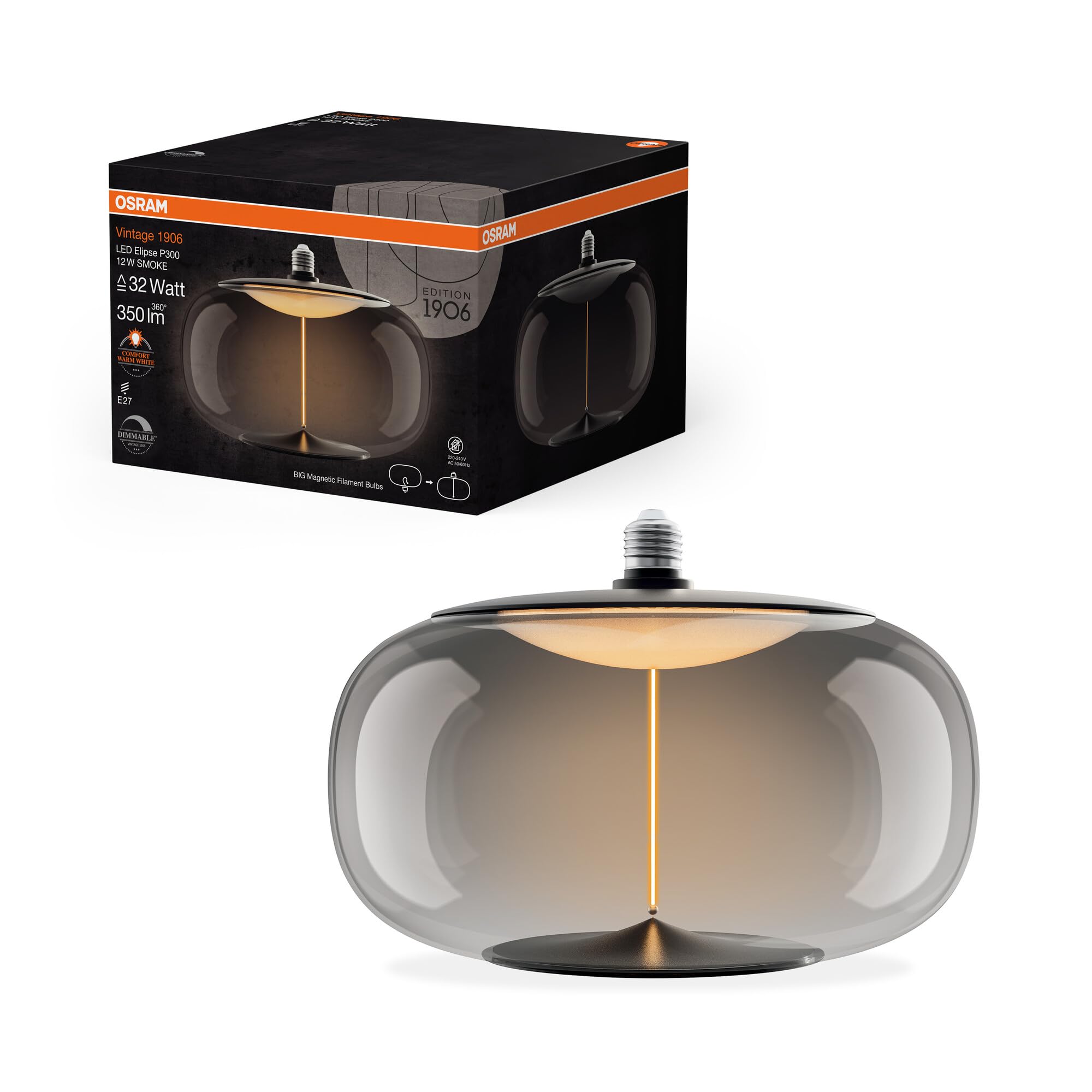 Osram Vintage 1906 Big Elipse ist eine dimmbare LED-Lampe aus Kunststoff mit Filament in Ellipsenform. Sie bietet 12 W für 350 lm, E27 Fassung, Smoke Design, 300 mm Durchmesser, CRI 80, 1800 K.