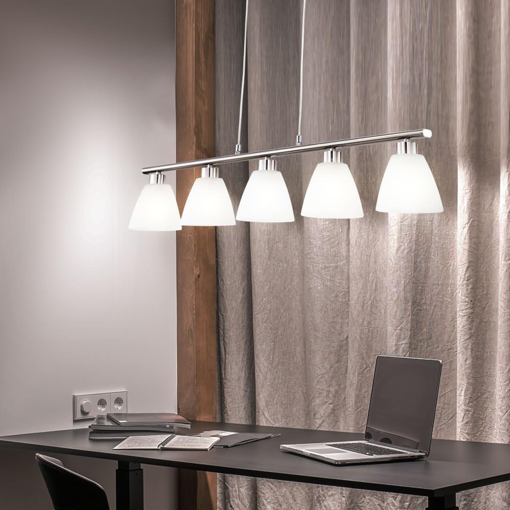 Esstischlampe Hängelampe Esstisch Hängeleuchte silber höhenverstellbar, 5 flammig, Metall nickel Glas weiß, 5x E14 Fassungen, HxLxB 120x93x13cm