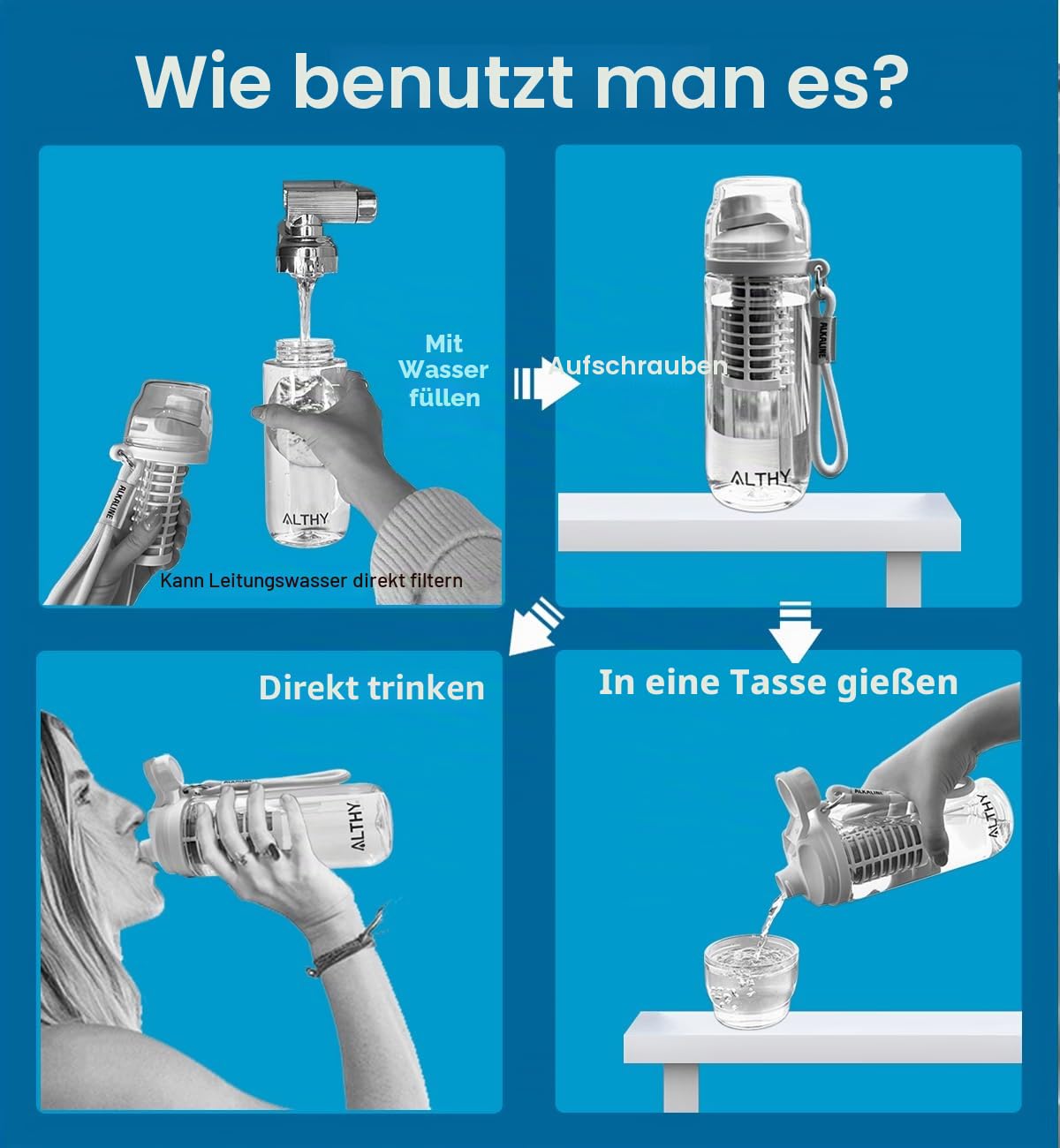 ALTHY - Alkali-Wasserfilter Flasche, alkalisches Wasser bis pH 9,5, zusätzliche Mineralien und Elektrolyte, Filtert Restchlor, Schwermetalle usw, BPA-frei, 500 ml, 3 Filter im Lieferumfang enthalten