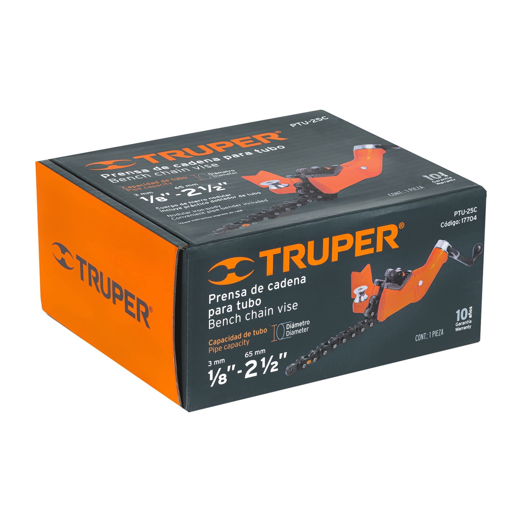 Truper PTU-25C, 2-1/2 "Prensa tubular de cadena, cuerpo de hierro