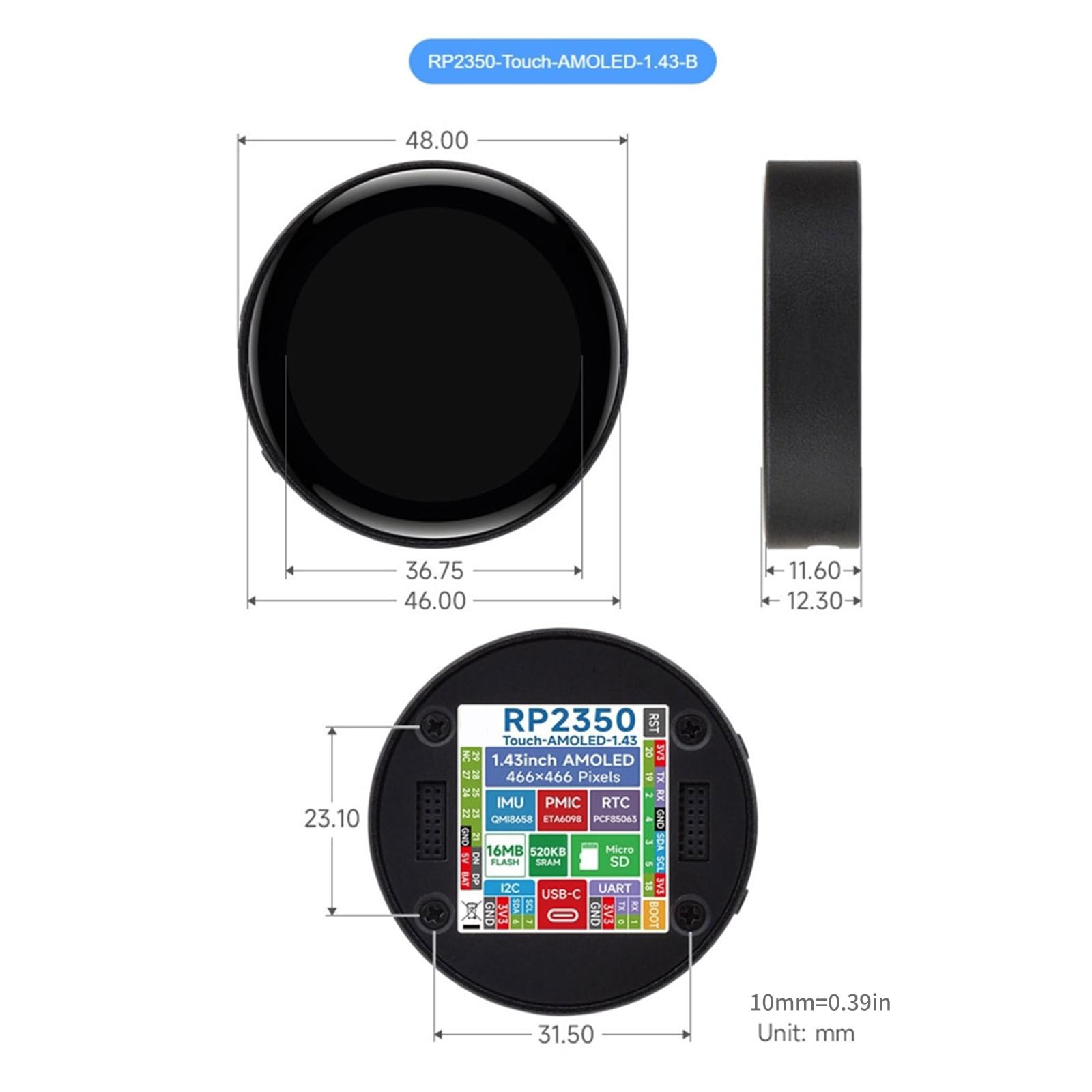 Płyta rozwojowa RP2350 1,43 cala 466 x 466 AMOLED ekran dotykowy i karta mikroed USB typu C programowalna płyta sterująca