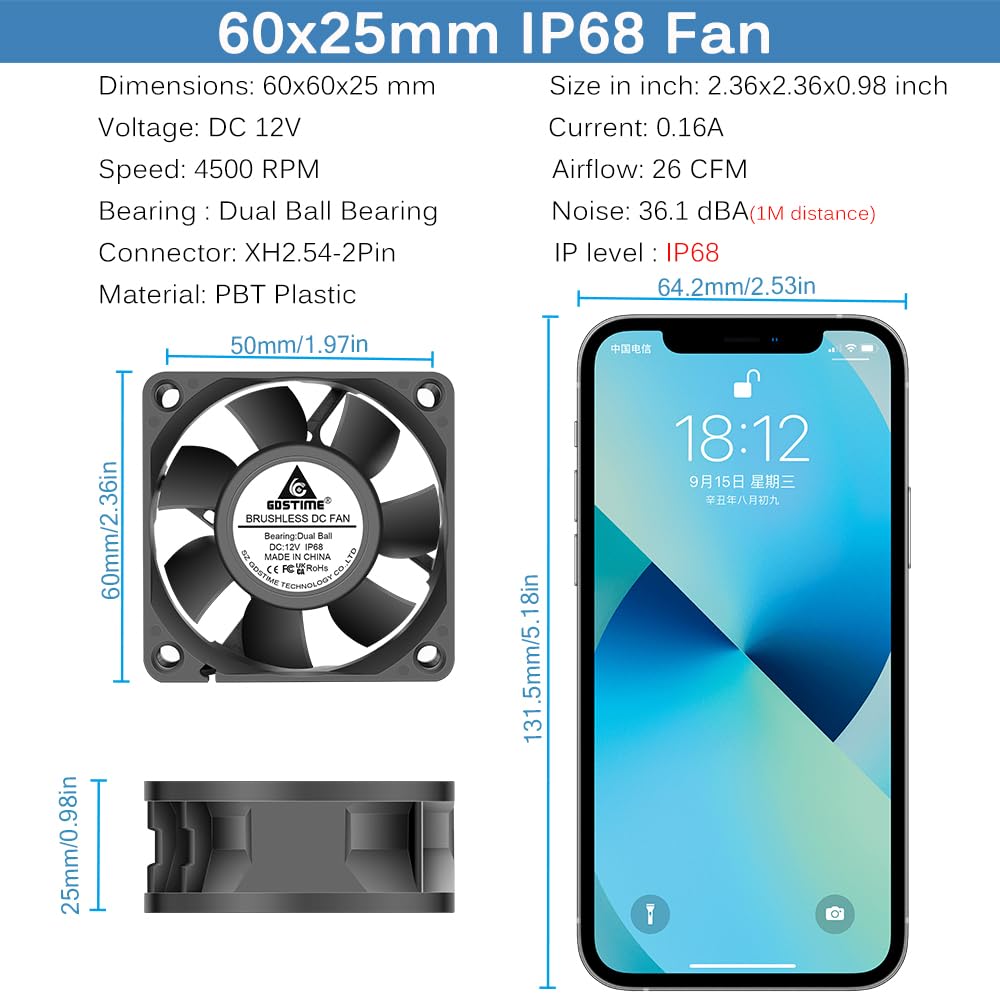 GDSTIME Paquete de 2 ventiladores de 12 V CC de 60 mm IP68 de 60 mm x 25 mm, ventilador de refrigeración de PC de 2 pines, doble rodamiento de bolas, ventilador de caja de 6 cm, 4500 RPM de alta
