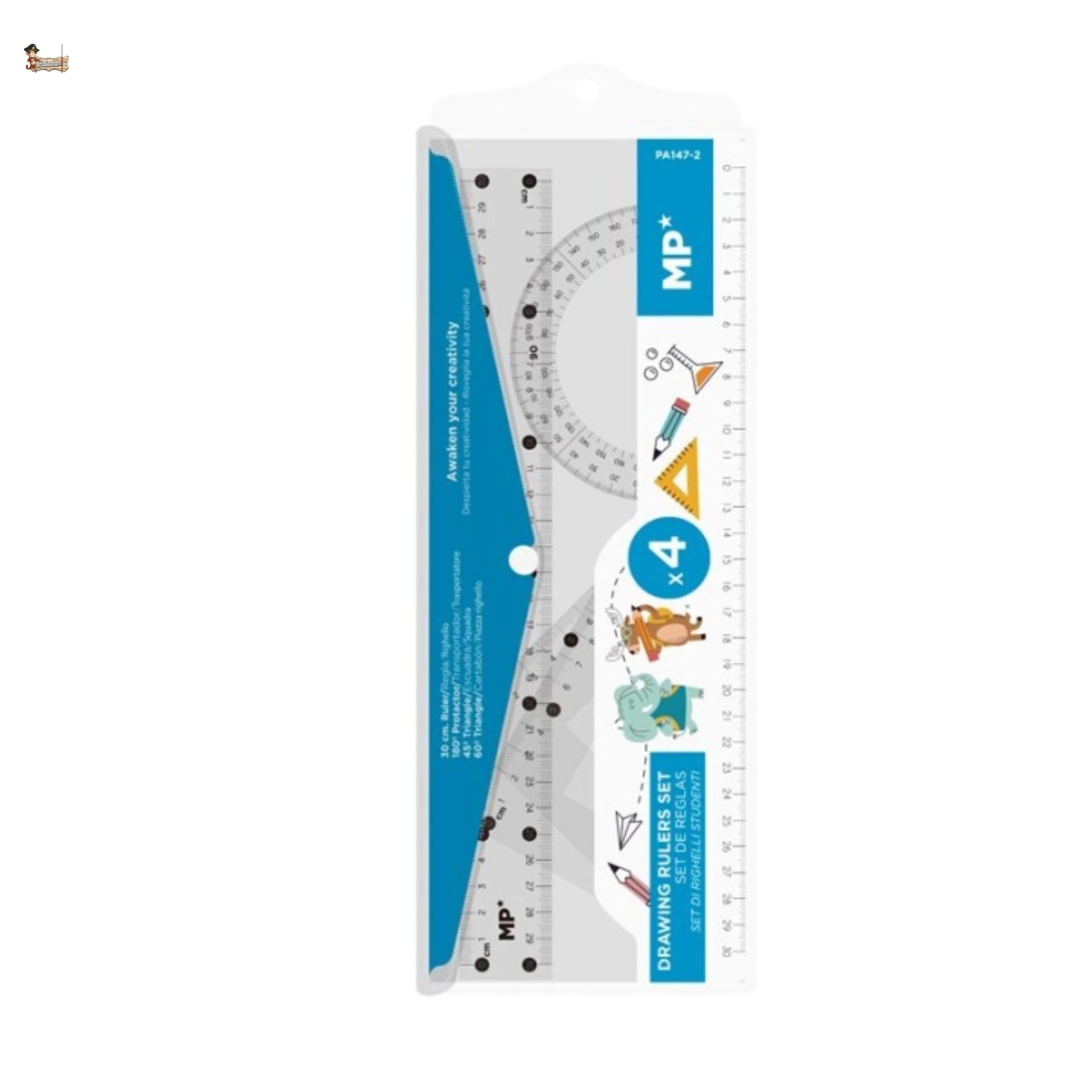 BricoLoco.com Set Juego Regla 30cm escuadra, cartabón y transportador de Ángulos plástico Transparente. Material Escolar. Color (Azul)