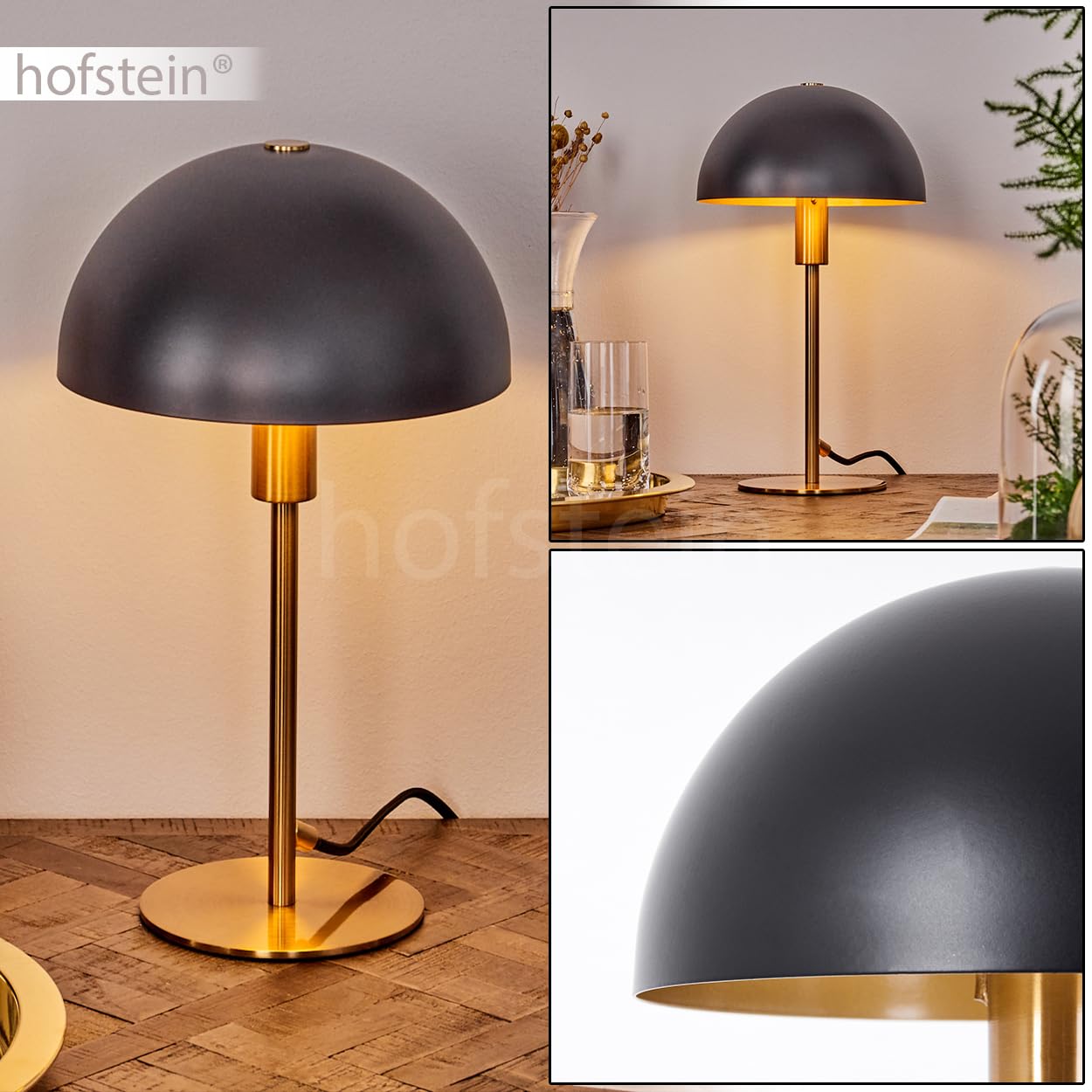 Lampe de table Tati, Lampe de chevet moderne en métal de couleur noir/laiton, lampe de table ronde au design rétro/vintage, Ø 20 cm, hauteur 35 cm, avec interrupteur marche/arrêt sur le câble, 1 x E14