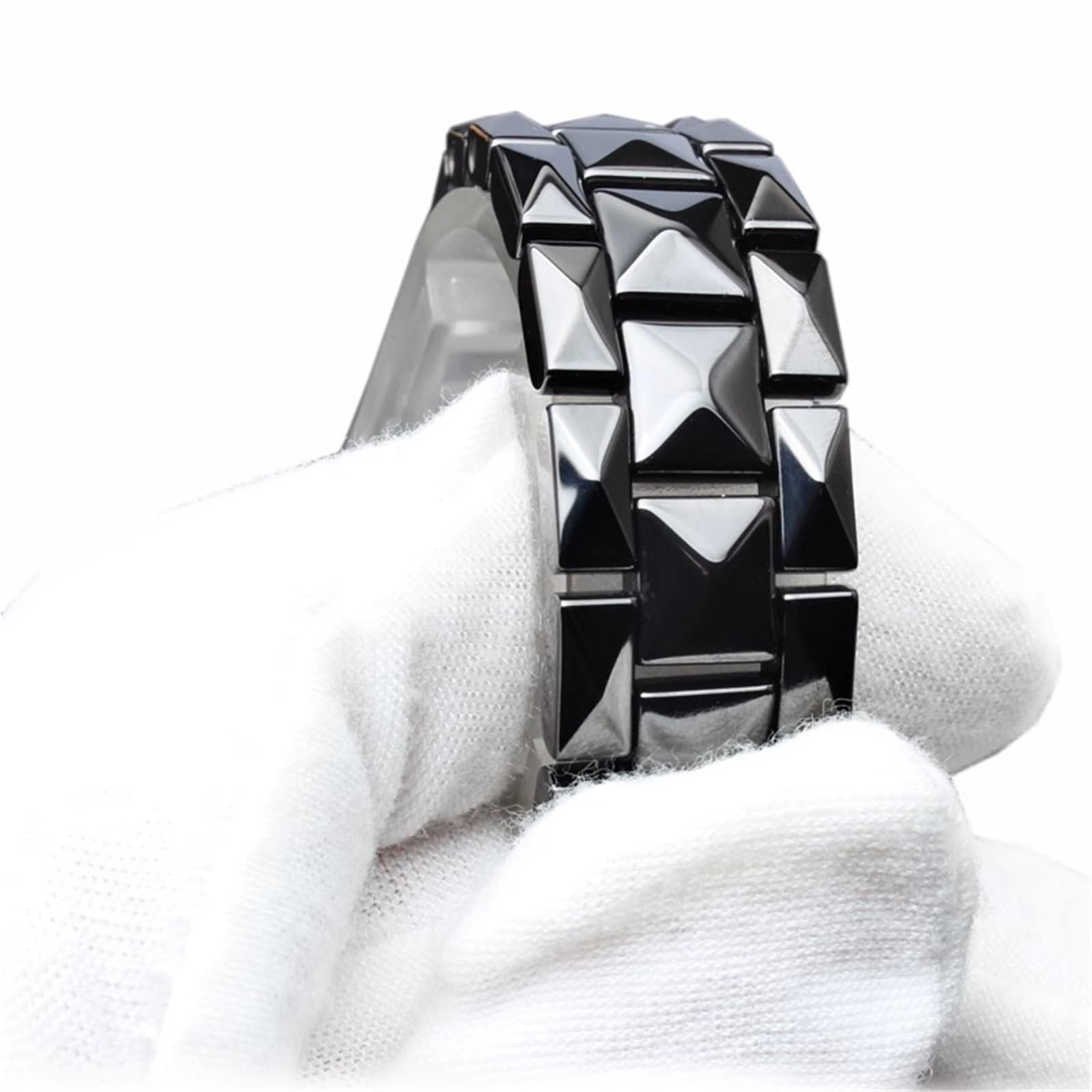 Correa de reloj de cerámica de tres rayas con patrón de diamante de 20 mm/22 mm con cierre plegable de metal
