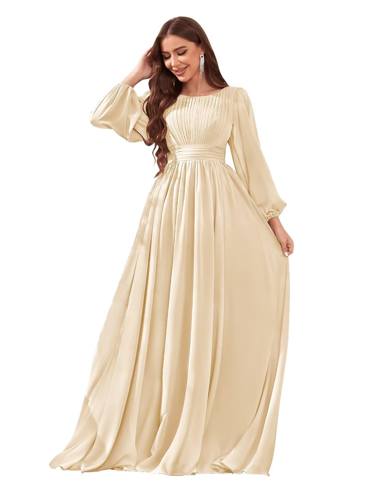 Long Sleeve Chiffon Bridesmaid Dresses for Women A-line Pleated Wedding Formal Evening Dress