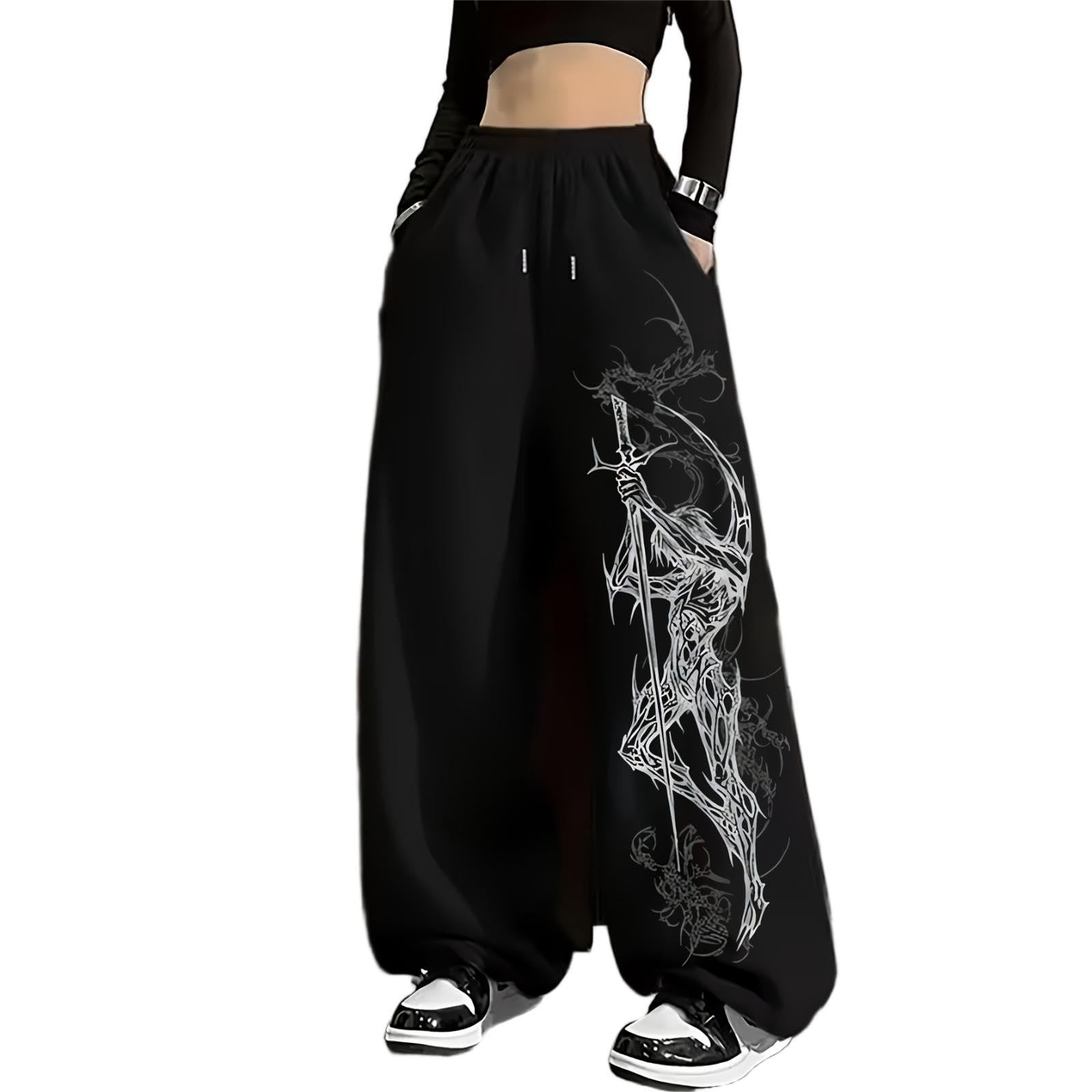 xueneige Black Goth Mens Wide Leg Joggers Y2K Clothes Mens Joggers Bottoms Open Hem Gym Trousers Baggy Oversized Sweatpants | Sword Skeleton Print Streetwear for Alt Outfits & Home Lounge