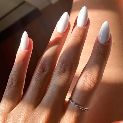 White Fake Nails Medium Almond Press on Nails with Design