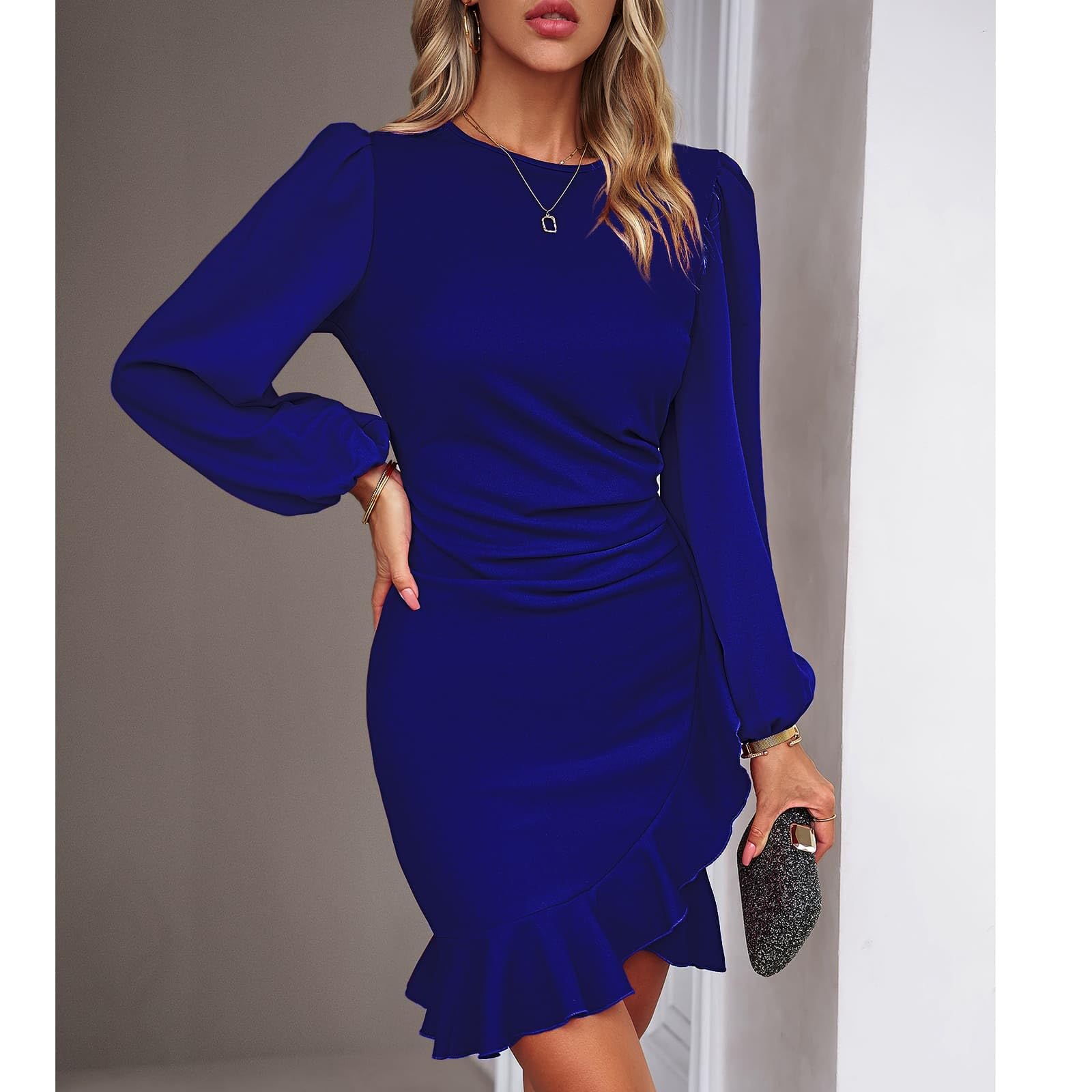 TcIFE Vestido Mujer de Cóctel Manga Larga Cuello Redondo Vestido de Ruched Volante Dobladillo Bodycon Mini Vestidos para Fiesta Invitada Bodas Noche