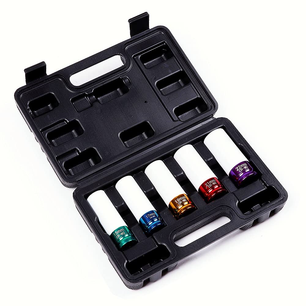 ECCPP 5pcs 1/2 inch Drive Thin Wall Impact Socket Wheel Rim Protector Tool Set 15mm 17mm 19mm 21mm 22 mm CR-MO Steel