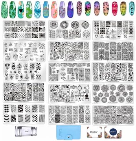 Biutee 19pcs Nail Stamp Plates set 15 plate 1Stamper 2Scraper 1storage bag Nails Art Stamping Plate Scraper Stamper Set Leaves Flowers Animal Nail plate Template Image Plate