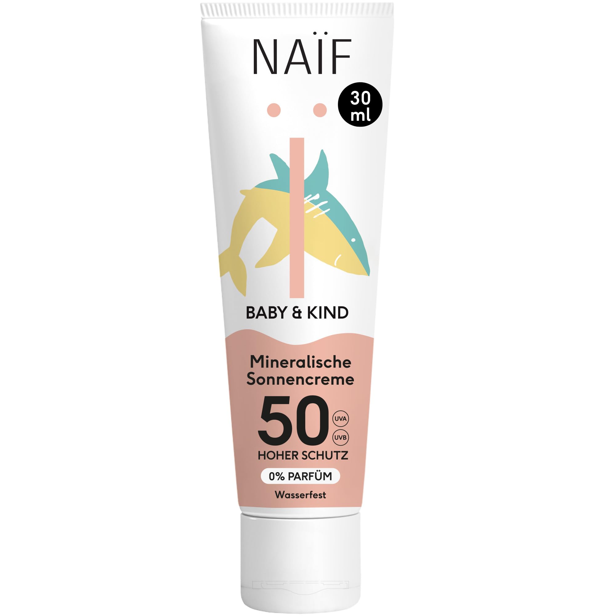 Naïf - Sonnencreme auf mineralischer Basis - für Baby & Kind - LSF 50-0% Parfüm - Creme ohne Octocrylene - UVA und UVB Schutz - Wasserresistent - Dermatologisch Getestet - Ohne Mikroplastik - 30ml