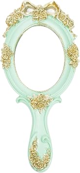 Nerien Handheld Mirror Vanity Makeup Mirror Travel Princess Metal Cosmetic Mirror Portable Oval Embossed Rose Mirrors Decorative Desk Girl Student Vintage Beautiful Handle Mirrors Blue-3