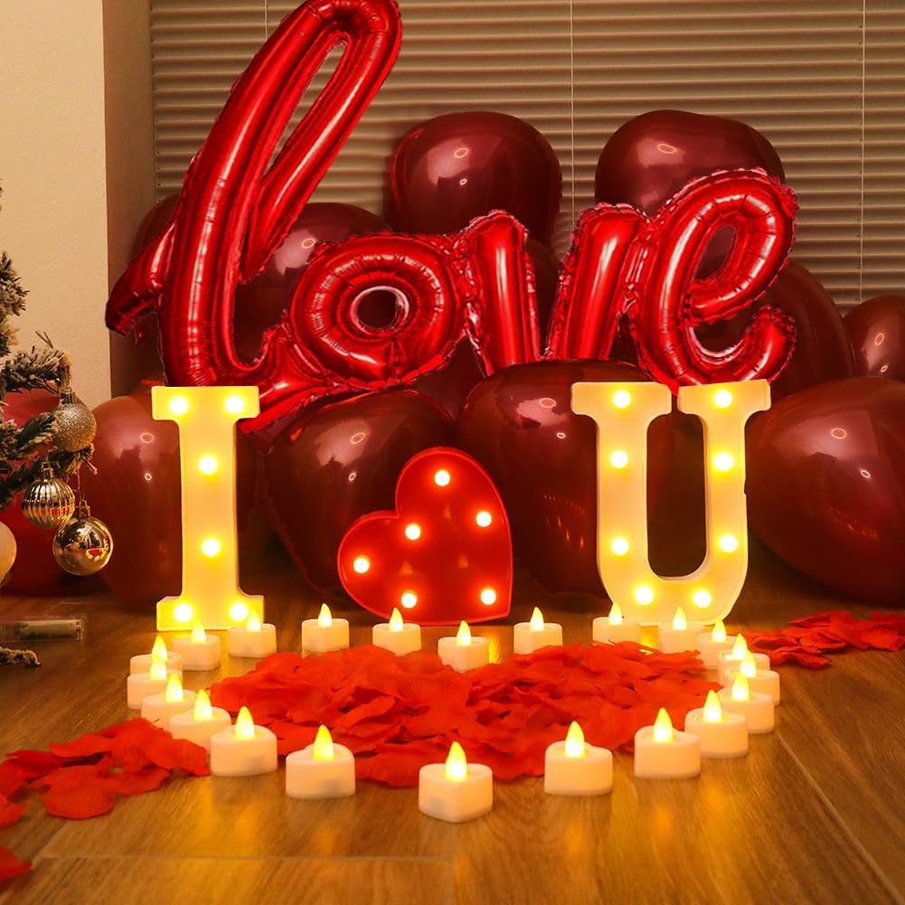 OUDE HOWER I Love U Light Letters Valentine Day Red Light Letters 24Pcs Flameless Candles 1000Pcs Fake Rose Petals 30Pcs Red Balloons 1Pcs Love Balloons for Valentine's Day Decoration