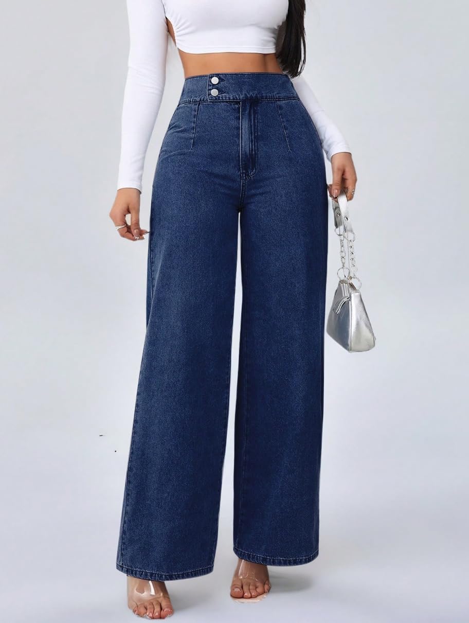 Women's Blue High-Waisted Wide-Leg Jeans with Double-Button Design and Elastic Waistband