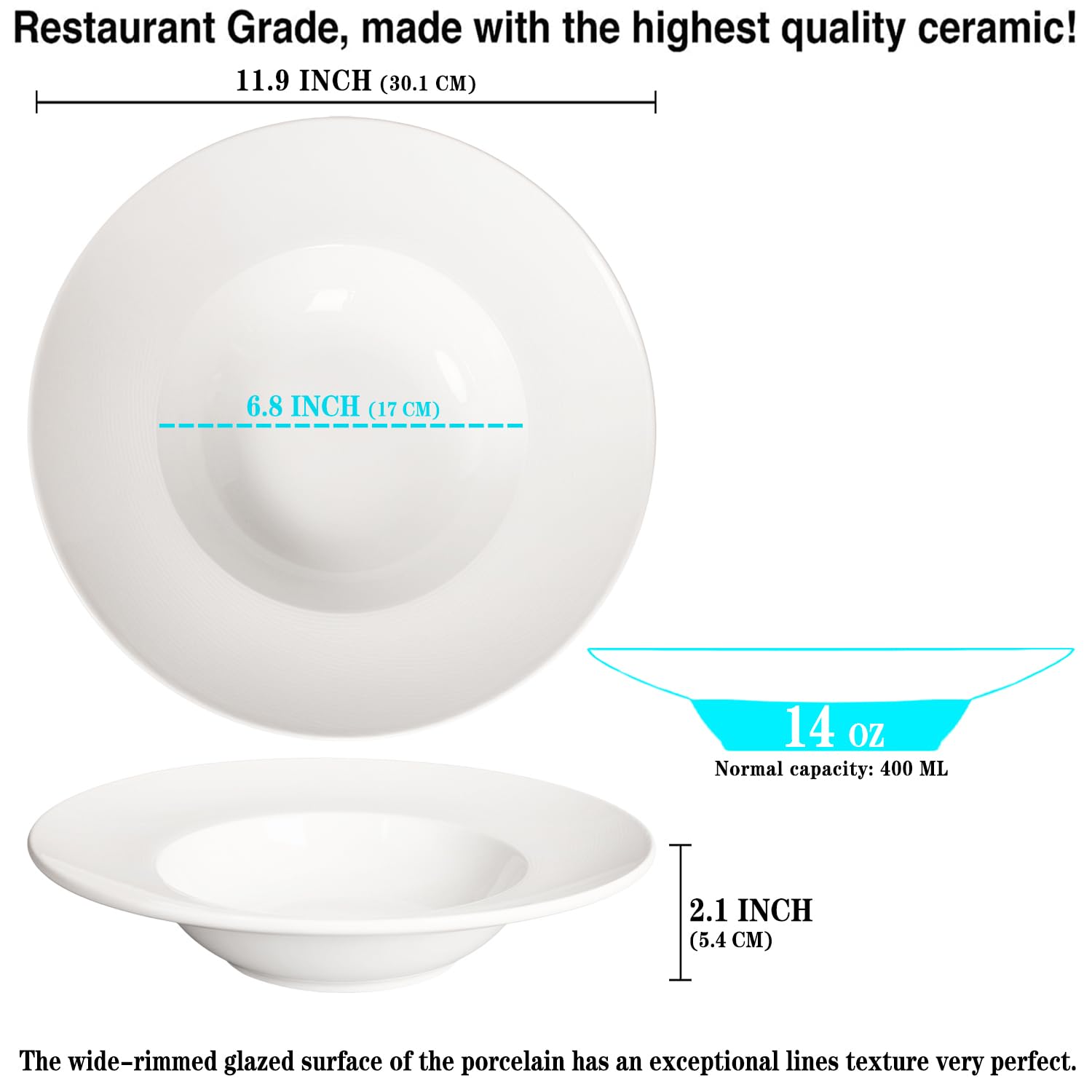 Creativity Home Porcelain Soup Bowls soup Plate Pasta Bowl Set of 4 Shallow Bowl Plates, 14 oz Rimmed Bowls with Rim, Microwave ovens and refrigerators safe, Line texture 11.9 Inch