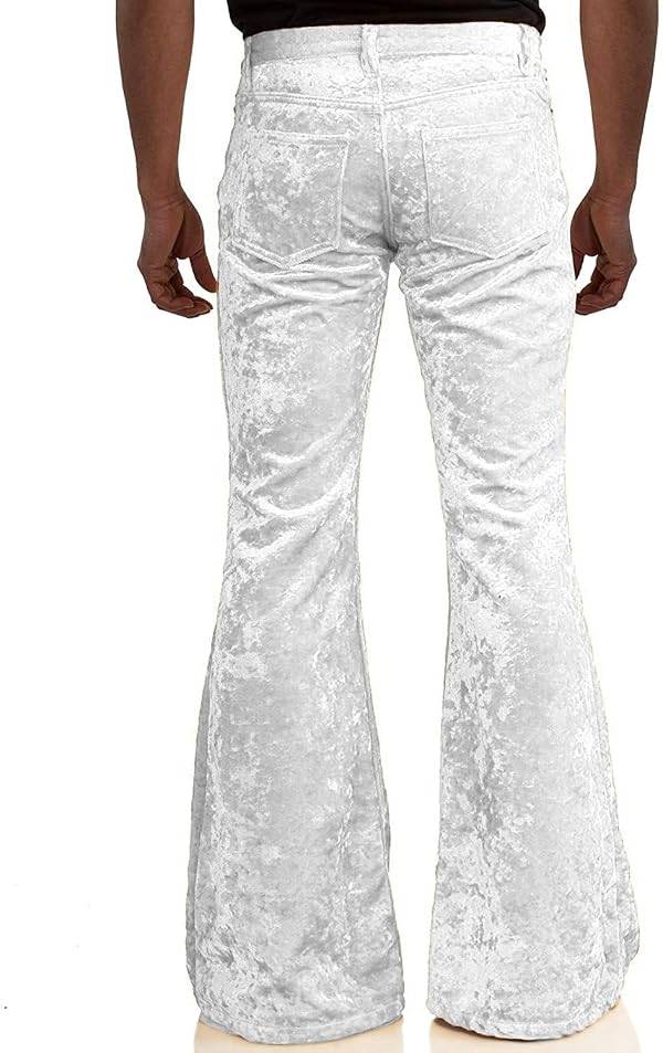 Men's Velvet Relaxed Vintage 60s 70s Bell Bottom Stretch Fit Classic Comfort Flared Flares Retro Leg Disco Pants, White, Large by LDNINE - Used condition - Image 5