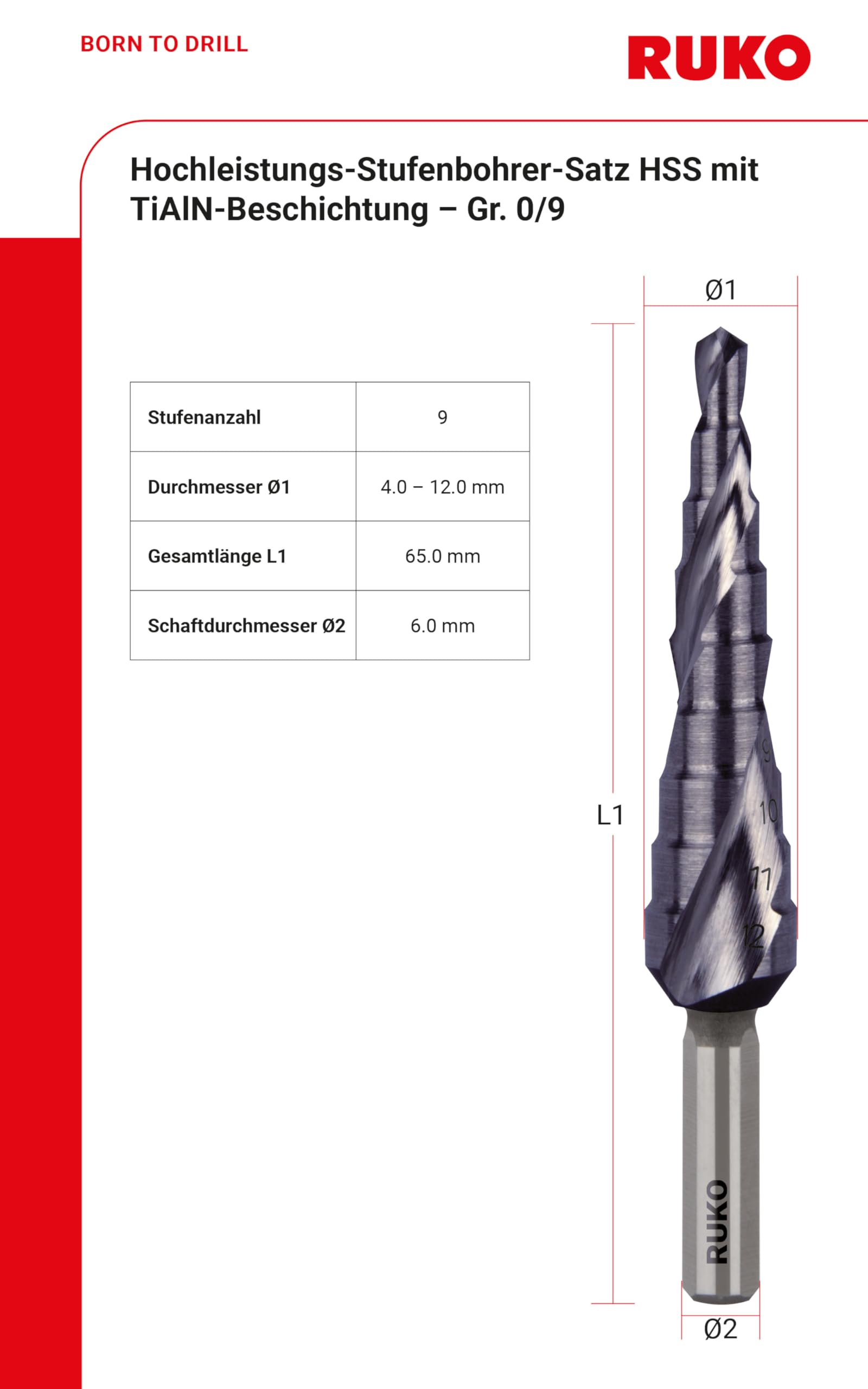 RUKO Stufenbohrer a Gradini HSS-TiAlN Set 3 Pezzi – Punte a Gradini Spiralate con Affilatura a Croce – Rivestimento Titanio-Alluminio-Nitruro per Metallo e Acciaio Inox