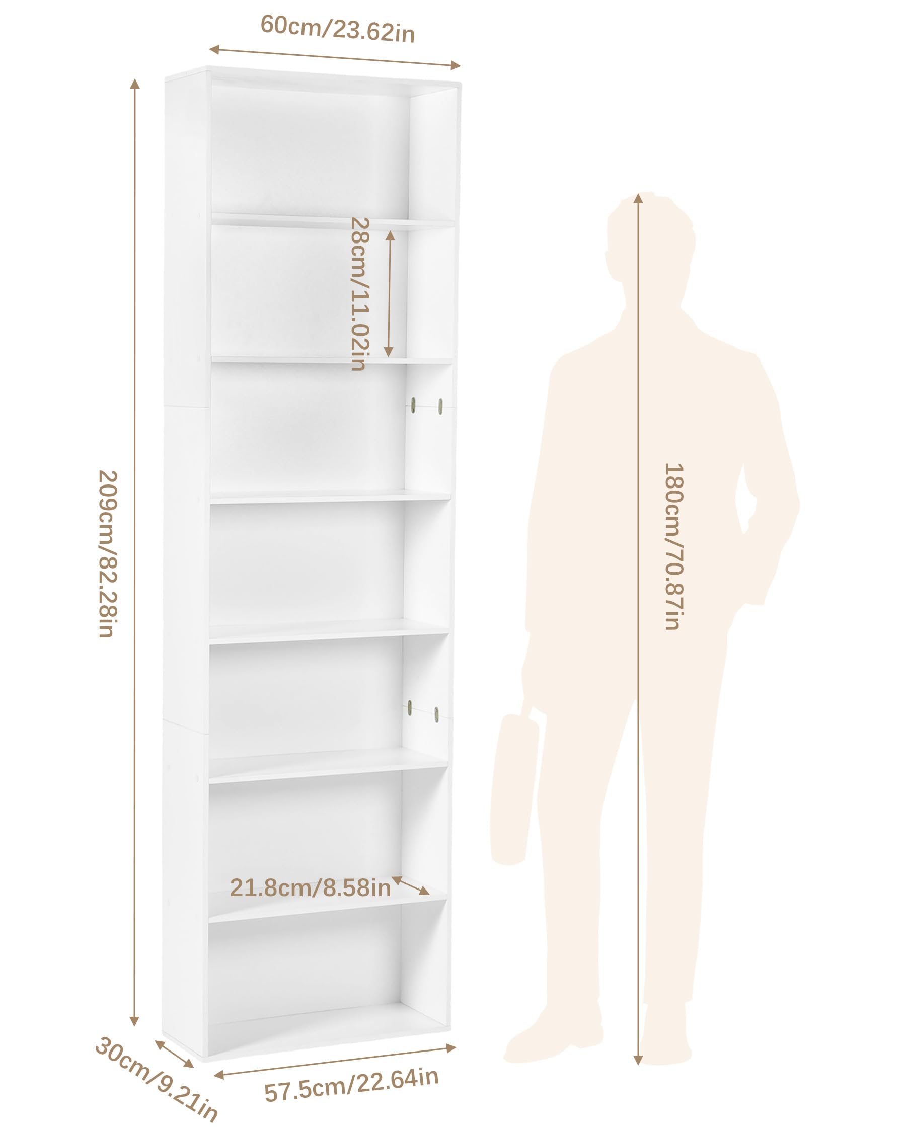 hitsuki Estantería Alta 7 Estantes Blanca Librería Estrecha con Sistema Antivuelco Almacenaje para Libros Hogar Oficina