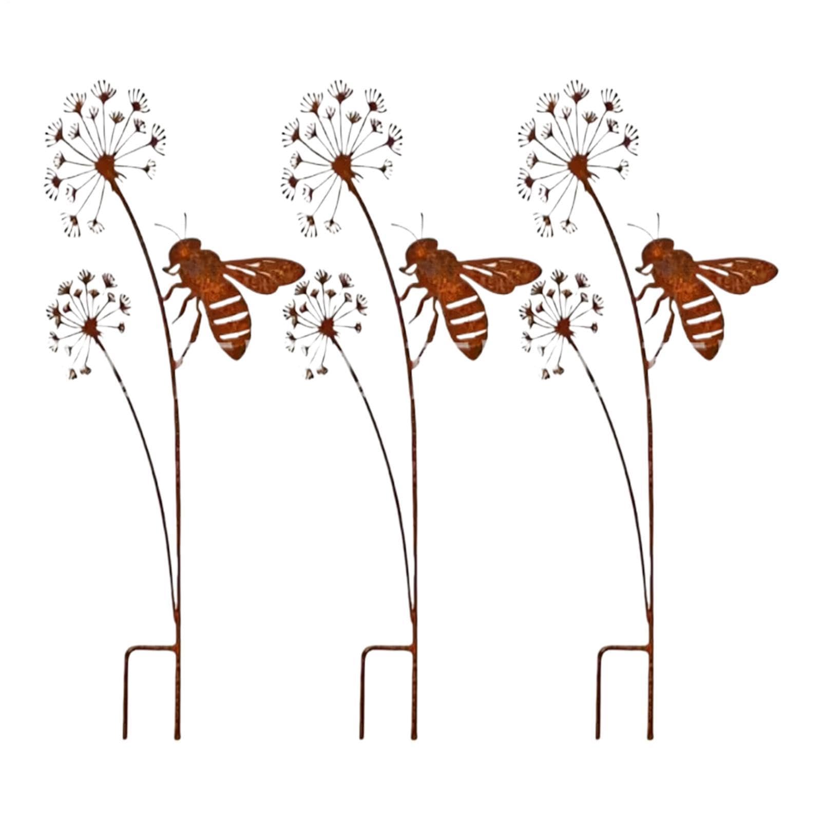 Rustic Bee Garden Stakes - Metal Yard Art Decor & Flower Bed Lawn Ornaments