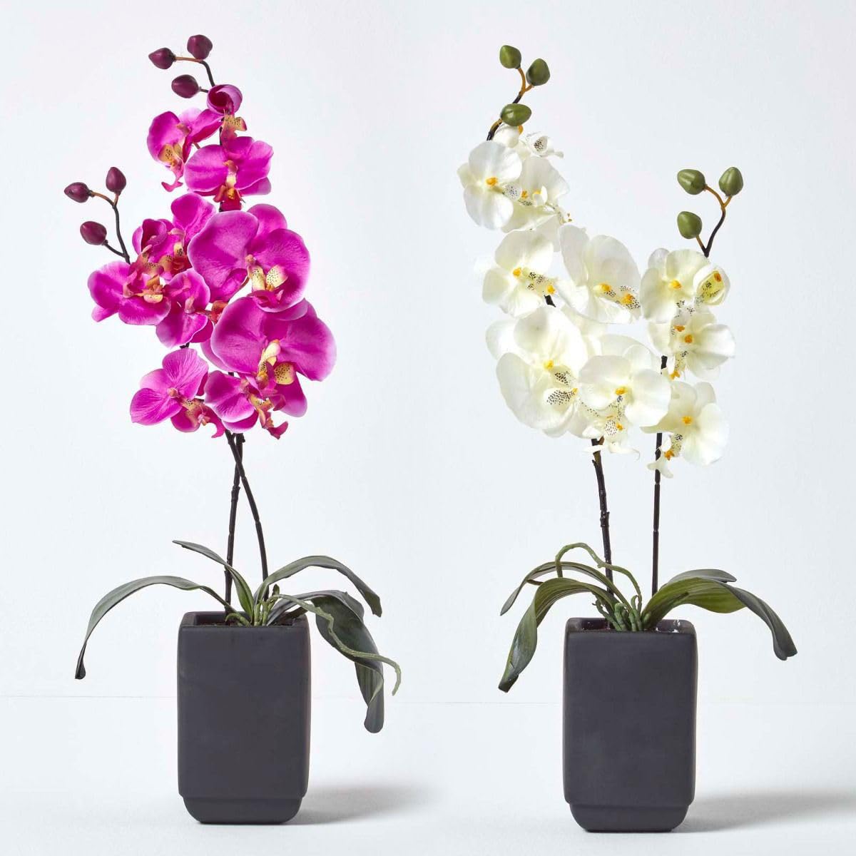 HOMESCAPES Orchidée artificielle en pot céramique rectangulaire noir, 55 cm, Lot de 2 plantes artificielles