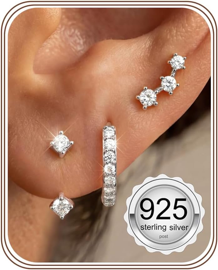 3 Pairs 925 Sterling Silver Hypoallergenic Earrings Set for Multiple Piercing Dainty 14K Gold Plated Stud Huggie Small Hoop Earrings for Women Trendy Cute Earring Stacks for Sensitive Ears