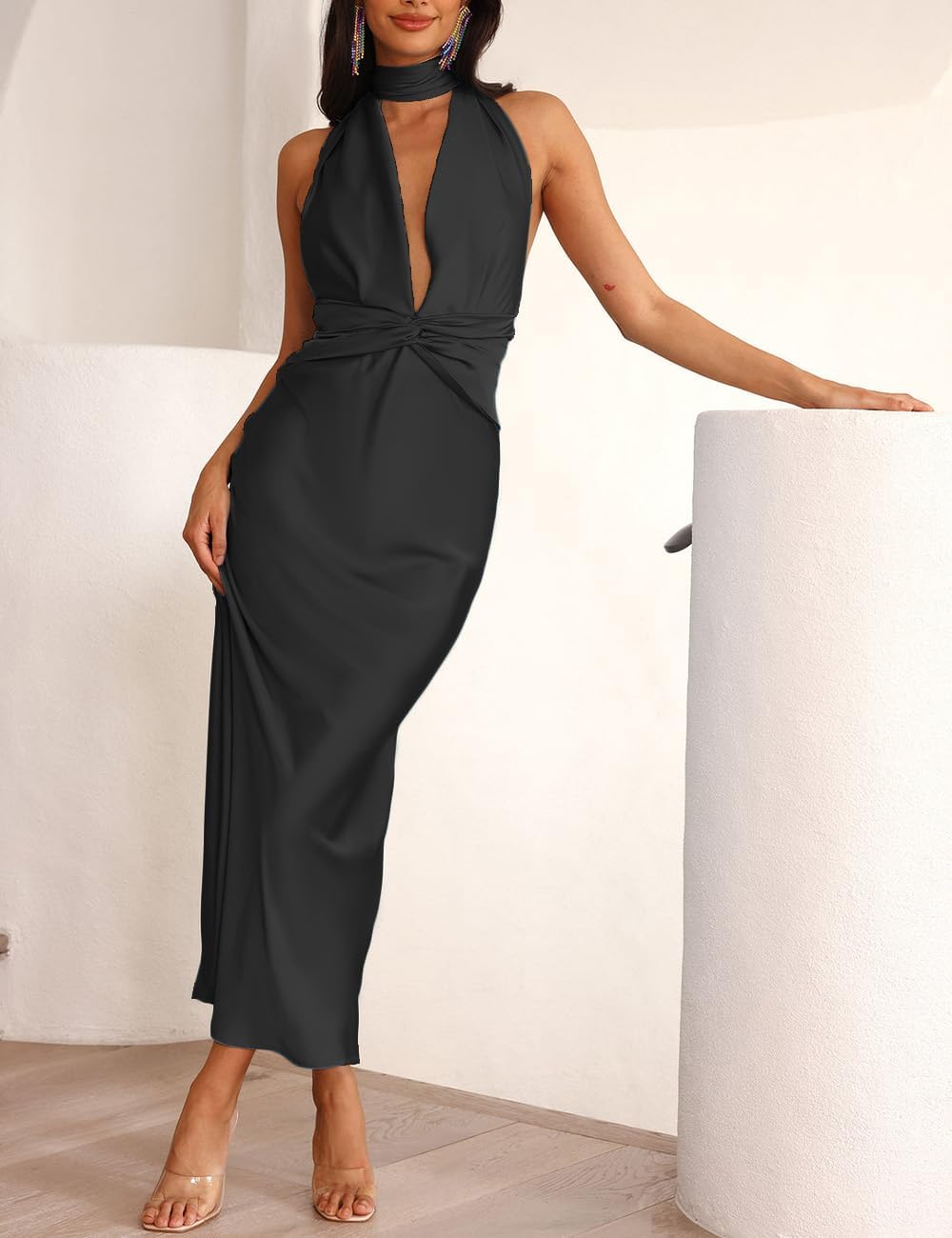 Summer Sexy Satin Backless Halter Maxi Dress for Women Elegant Sleeveless V Neck Twist Wedding Guest Dresses Cocktail - Image 2