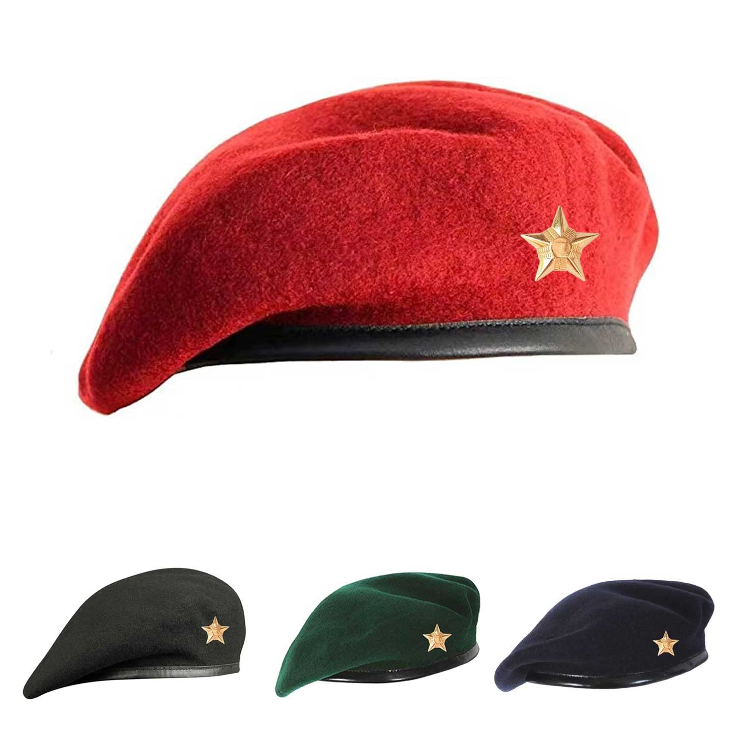 Woolen Rajputana Army Style Beret Cap for Men & Women with Star Badge, Red, One size