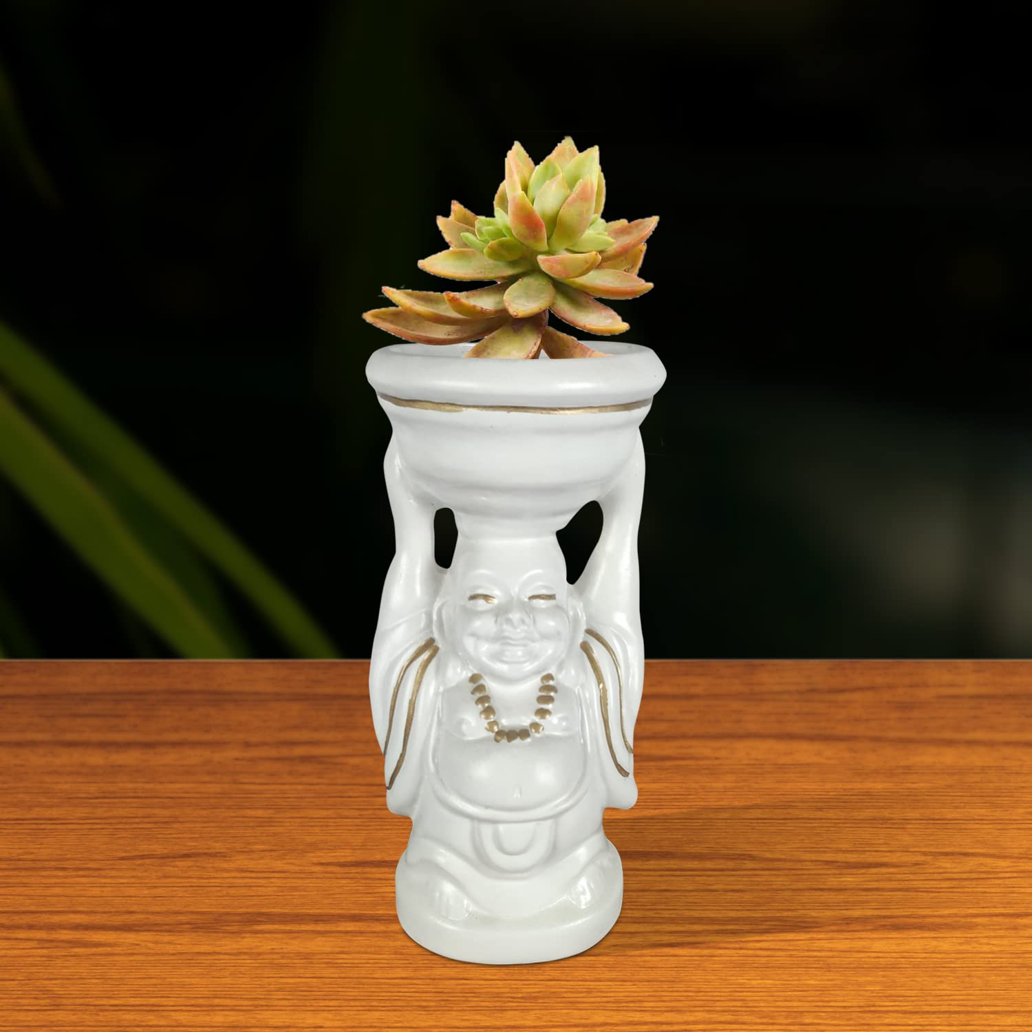 Laughing Buddha Ceramic Planter - White Gold -3 Laughing Buddha Ceramic Planter - White Gold -3