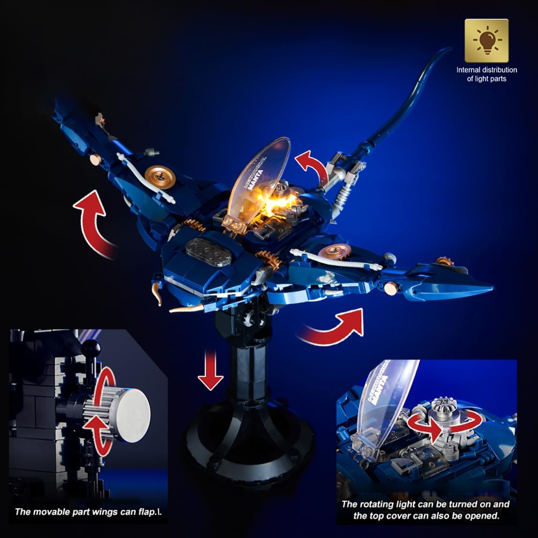 Mechanical Marine Life with Lights and Joint Linkage Building Blocks Set, Steampunk Sea Animal Building Block Toy, Movable Ocean Animal with Display Stand（689PCS）