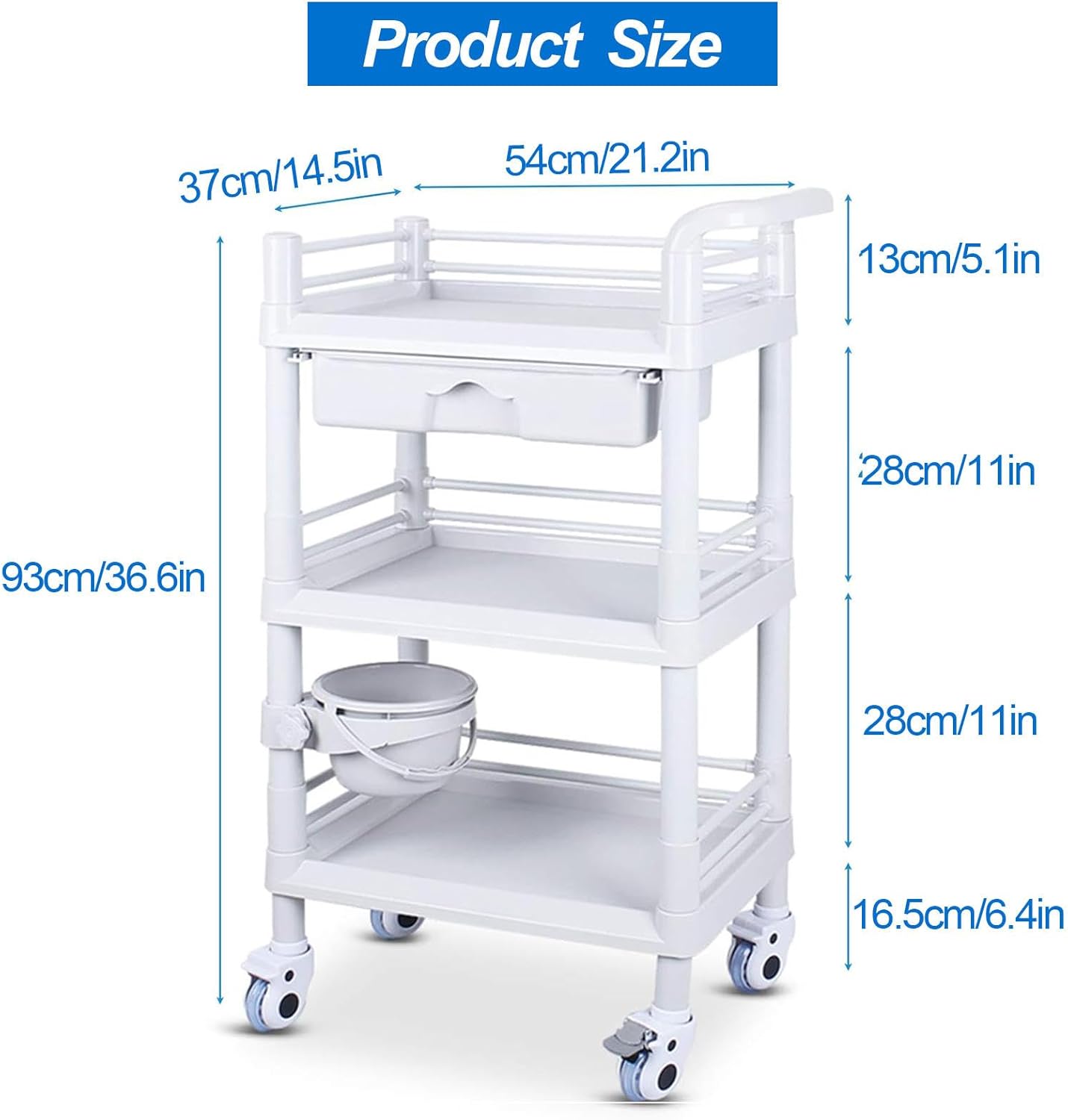 Lab Serving Cart, 220 lbs Capacity Rolling Lab Cart, 3 Shelves Mobile Clinic Cart with Drawer, Sturdy ABS Frame Lab Trolley for Lab Clinic Salon