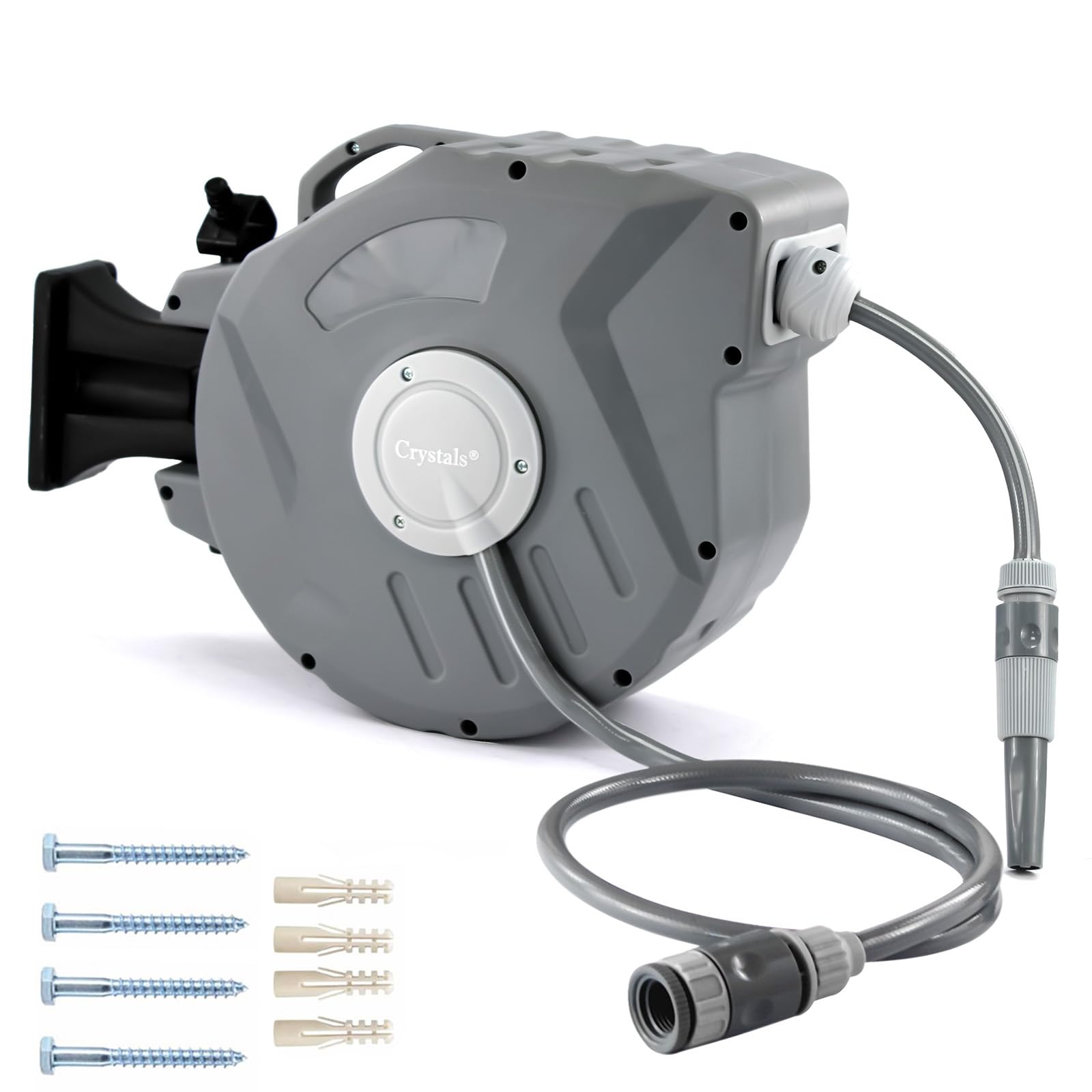 Crystals 15/20M Hose Reel – Compact Wall-Mounted or Portable Reel with Retractable Rewind Function, Package Includes Nozzle, Fittings & Fixings, Grey (20M Hose Reel)