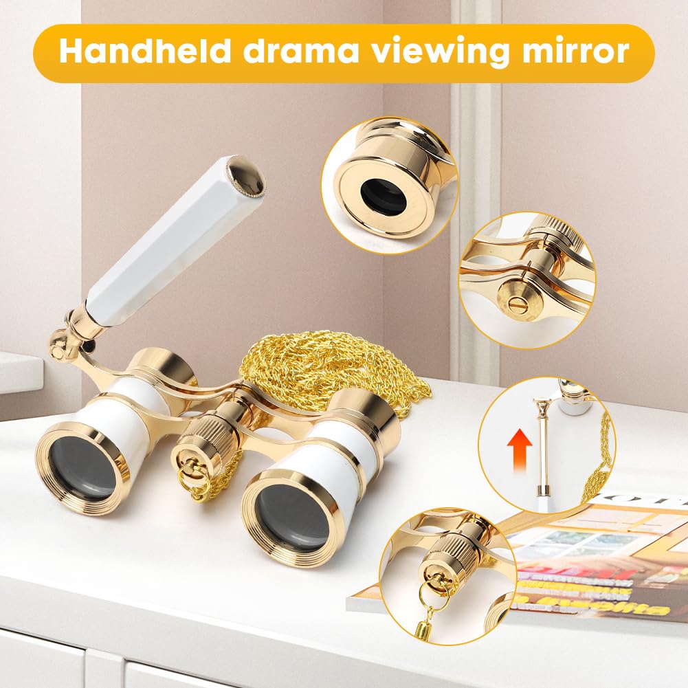 CEWROM Opernglas Theaterglas mit ausziehbarem Griff 3X Vergrößerung Fernglas, Metal Body with Chain Optical Lens Theater Telescope Retro Design Women Girls Gifts