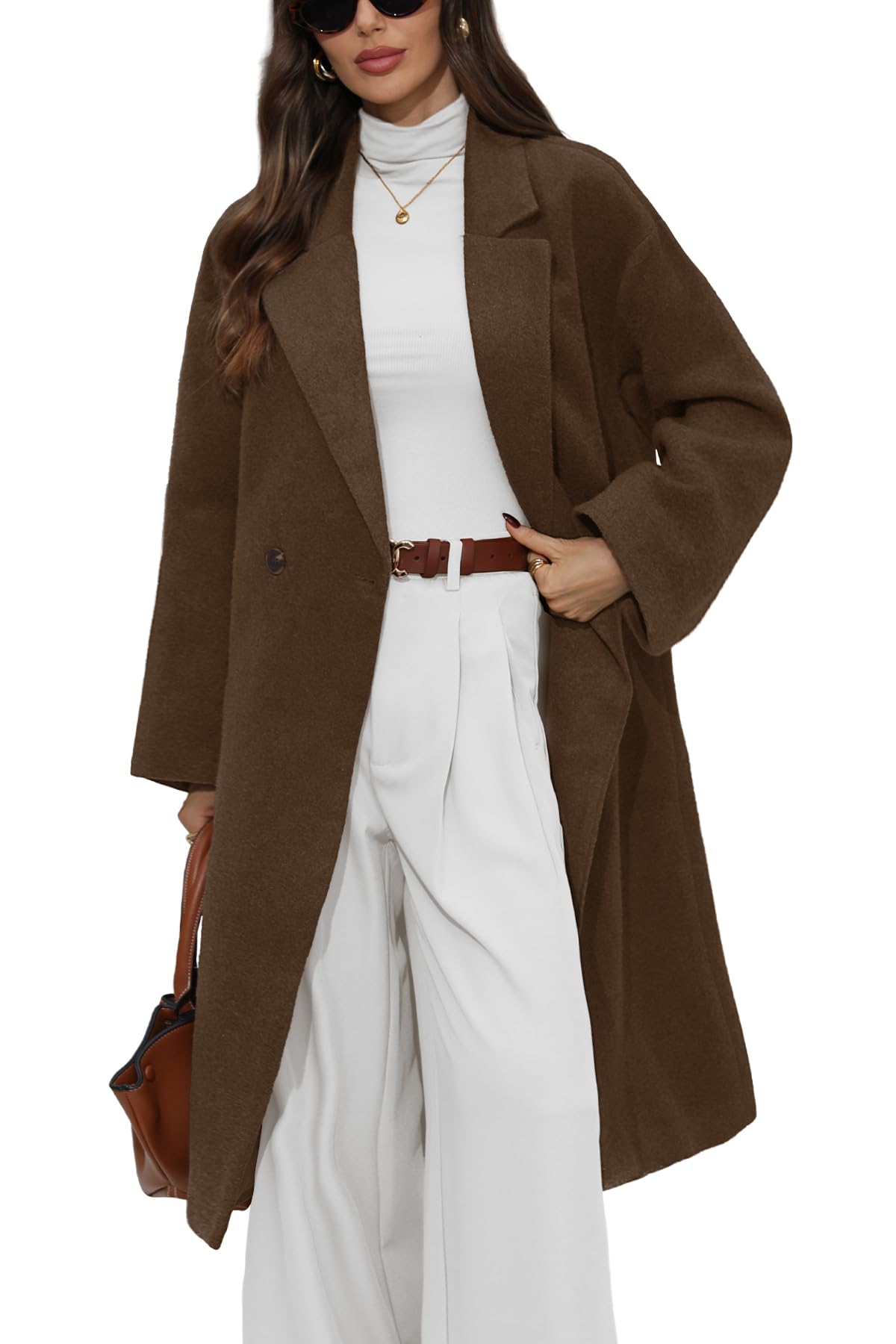 Womens Long Winter Coat Wool Double Breasted Notch Lapel Peacoat Long Sleeve Trench Coat Casual Outfits with Pocket-image-9