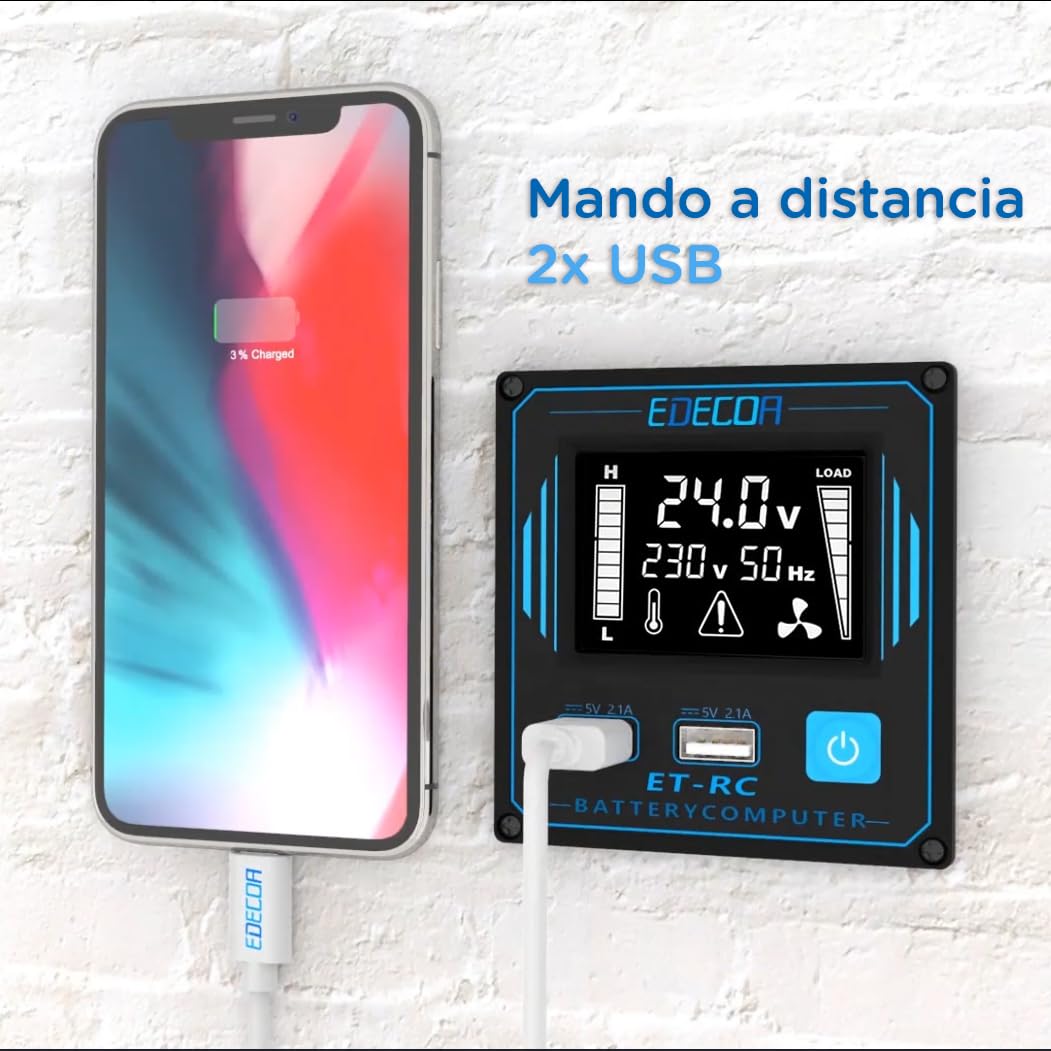 EDECOA Inversor 2000W Onda Pura 24V a 220V/230V | para Camión, Autocaravana y Placas Solares | Mando a Distancia + 2 USB Rápidos | Aislamiento Galvánico | 3ª Generación