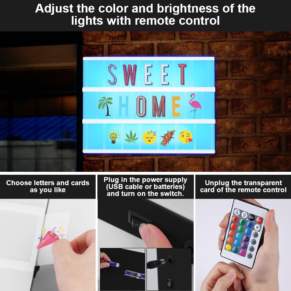 HOTUT Lichtbox mit Buchstaben Deko,Kinder Light Box mit 215 Buchstaben und Emojis,2 Stifte,30 Karten,16 Farbwechsel 4 Blitzmodi, Einstellbare Helligkeit für Schlafzimmer Bar Cafés Geschäfte