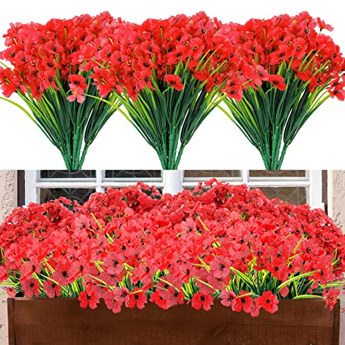 24 Bundles Silk Artificial Flowers Outdoor Uv Resistant False Flowers No Fade Cemetery Flowers Floral Hanging Bouquet Outdoor Artificial Plants For Indoor Outside Home Porch Box Decor (Red) #TOP11